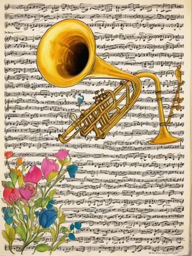 drawing trumpet,flugelhorn,saxhorn,brass instrument,music digital papers,fanfare horn,tuba,euphonium,gold trumpet,baritone saxophone,trumpet flowers,musical notes,saxophone,instrument music,sousaphone,wind instruments,climbing trumpet,tenor saxophone,sheet music,music notes,Illustration,Paper based,Paper Based 26