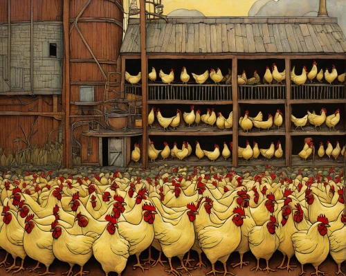 chicken run,avian flu,chicken farm,flock of chickens,chicken yard,red hen,poultry,chickens,laying hens,free-range eggs,flock,barnyard,line dance,hens,livestock,fowl,livestock farming,farmyard,landfowl,assembly line,Illustration,Abstract Fantasy,Abstract Fantasy 09
