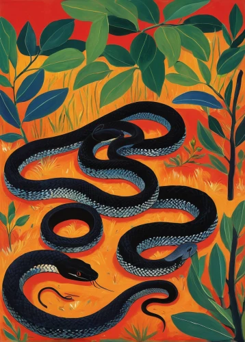 red bellied black snake,serpent,garter snake,khokhloma painting,atala,common garter snake,western terrestrial garter snake,coral snake,tree snake,indigenous painting,illustration,black snake,eastern coral snake,eastern indigo snake,snake charmers,snake charming,pachamama,sri lanka,snakes,brown snake,Art,Artistic Painting,Artistic Painting 40