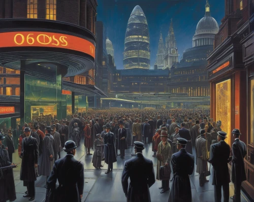 metropolis,sci fiction illustration,40 years of the 20th century,crowds,evening city,large market,gas lamp,evening atmosphere,city scape,night scene,cities,orlovsky,oval forum,city cities,cityscape,twenties of the twentieth century,the market,city of london,fantasy city,dystopian,Illustration,Retro,Retro 14