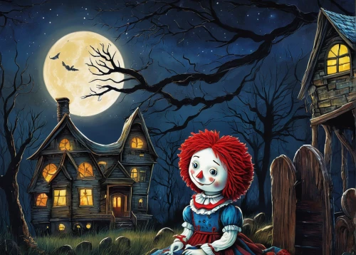 raggedy ann,halloween illustration,little red riding hood,halloween poster,the haunted house,red riding hood,halloween and horror,haunted house,it,redhead doll,marionette,halloween night,haunt,children's fairy tale,doll's house,halloween scene,children's background,doll house,alice,the little girl,Conceptual Art,Daily,Daily 34
