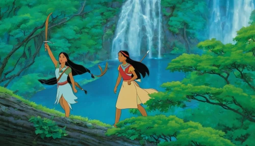 lilo,pocahontas,ash falls,background image,jasmine,khokhloma painting,aladha,mulan,tarzan,disney,happy children playing in the forest,bridal veil fall,disney-land,fairies,children's background,forest workers,tour to the sirens,cartoon forest,island residents,hunting scene,Illustration,Japanese style,Japanese Style 14