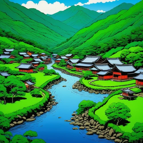 japan landscape,yamada's rice fields,kyoto,tsukemono,shirakawa-go,mountain village,arashiyama,korean folk village,escher village,japan,lake tanuki,korean village snow,rice terrace,japanese mountains,beautiful japan,japanese art,koyasan,rice fields,hokkaido,nikko,Illustration,Children,Children 05