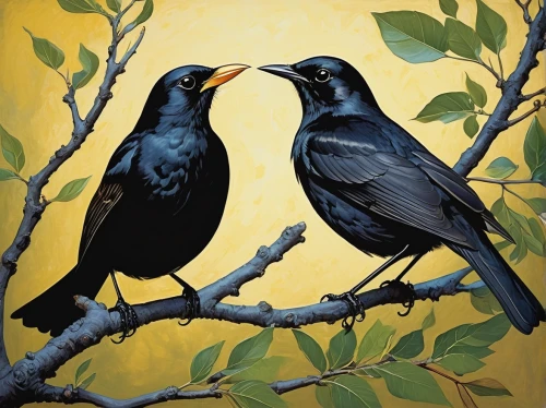 bird painting,birds on a branch,blackbirds,bird couple,songbirds,brewer's blackbird,birds on branch,starlings,crows,hooded crows,jackdaws,murder of crows,great-tailed grackle,grackle,passerine parrots,bird robins,tropical birds,birds love,corvidae,greater antillean grackle,Illustration,Retro,Retro 04