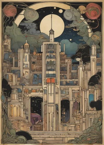 metropolis,temples,fantasy city,art deco,panopticon,art deco ornament,art deco background,overtone empire,ancient city,atomic age,panoramical,fantasy world,capital cities,airships,refinery,city cities,shirakami-sanchi,sky city,art nouveau design,art nouveau,Illustration,Retro,Retro 05