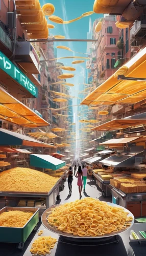 world digital painting,market,the market,street food,large market,banana box market,fruit market,cheese sales,food court,blocks of cheese,deli,italian pasta,hong kong cuisine,hong kong,fast food restaurant,fresh pasta,shopping street,parmesan wafers,chinatown,sci fiction illustration,Conceptual Art,Sci-Fi,Sci-Fi 04