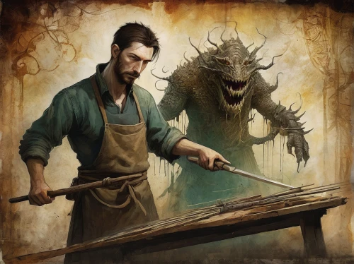 game illustration,blacksmith,tinsmith,candlemaker,cooking book cover,winemaker,daemon,a carpenter,metalsmith,craftsman,watchmaker,carpenter,fish-surgeon,fishmonger,heroic fantasy,moulder,repairman,fantasy art,green dragon,wyrm,Illustration,Paper based,Paper Based 18