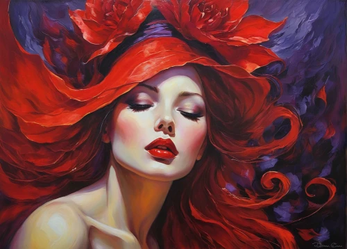 oil painting on canvas,medusa,the hat of the woman,oil on canvas,siren,oil painting,red hat,red-haired,la violetta,red head,lollo rosso,queen of hearts,lady in red,rusalka,masquerade,flower of passion,rosella,red chief,scorpio,fire siren,Illustration,Realistic Fantasy,Realistic Fantasy 30