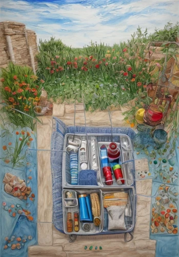 picnic boat,picnic basket,tackle box,crate of fruit,summer still-life,pantry,crate of vegetables,fisherman's hut,suitcase in field,village shop,colored pencil background,a drawer,refrigerator,fishing float,vegetables landscape,fishing gear,watercolor shops,oil pastels,fishing equipment,watercolor tea shop,Common,Common,Natural