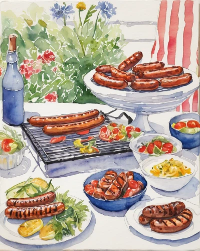 sausage plate,grilled food sketches,sausage platter,barbecue,summer foods,sausages,barbeque,kielbasa,summer bbq,painted grilled,hamburger set,picnic basket,grilled food,seafood boil,food table,new england clam bake,danish breakfast plate,hamburger plate,saucisson de lyon,mixed grill,Illustration,Paper based,Paper Based 22