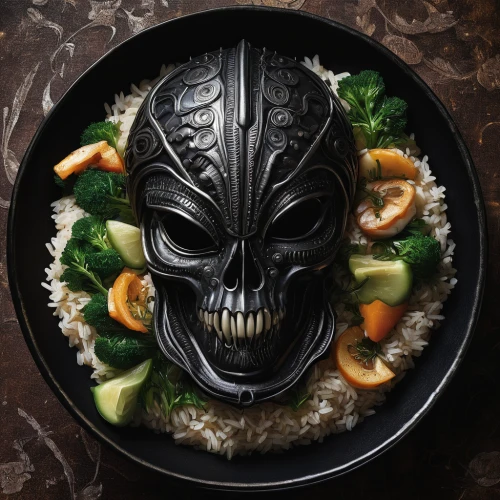 fish head curry,dark mood food,chankonabe,vegetable pan,cooking book cover,fish slice,culinary art,male mask killer,super food,green curry,appetite,stir-fry,eat your vegetables,sauté pan,rice bowl,makguksu,head plate,skull mask,raw food,eat,Conceptual Art,Sci-Fi,Sci-Fi 02