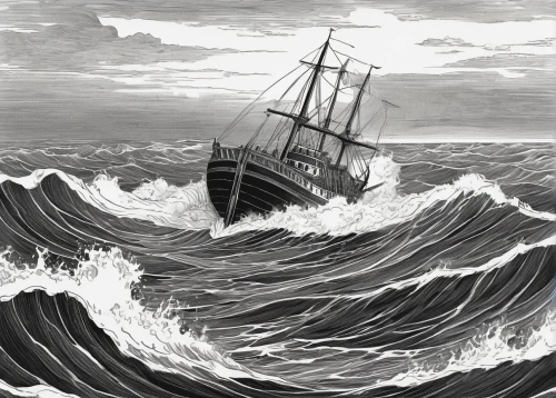 caravel,wherry,trireme,rogue wave,baltimore clipper,the wind from the sea,maelstrom,whaler,ghost ship,sea storm,shipwreck,sea fantasy,at sea,mayflower,stormy sea,sloop-of-war,arklow wind,churning,mariner,book illustration,Illustration,Black and White,Black and White 29
