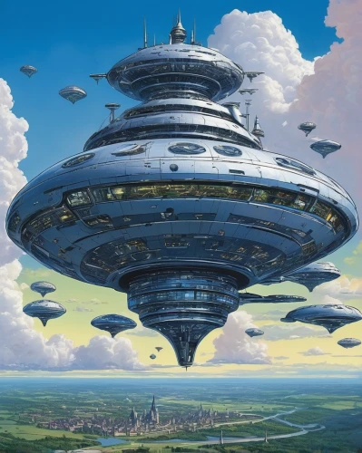 airships,airship,futuristic landscape,futuristic architecture,sky space concept,flying saucer,ufo,alien ship,sky city,air ship,space ship,brauseufo,skycraper,sci fiction illustration,ufo intercept,saucer,ufos,copernican world system,space ships,spaceship space,Illustration,American Style,American Style 03