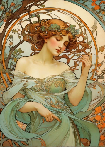 mucha,art nouveau,art nouveau design,alfons mucha,art nouveau frame,dryad,orange blossom,art nouveau frames,rusalka,flora,laurel wreath,faerie,faery,girl in a wreath,golden wreath,psyche,virgo,tilia,art deco woman,artemisia,Illustration,Retro,Retro 03