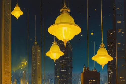 transistor,lanterns,street lamps,fireflies,street lights,city lights,cityscape,skyscrapers,citylights,bulbs,streetlamp,metropolis,yellow light,travel poster,street lamp,lamps,lantern,chinese lanterns,lamp post,evening city,Illustration,Paper based,Paper Based 17