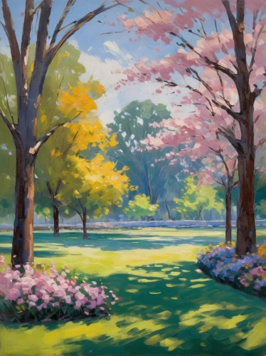 sakura trees,magnolia trees,springtime background,meadow in pastel,cherry trees,blooming trees,spring garden,spring blossoms,flowering trees,the cherry blossoms,sakura tree,spring morning,azaleas,lafayette park,spring background,spring blossom,springtime,takato cherry blossoms,autumn cherry blossoms,arboretum,Conceptual Art,Oil color,Oil Color 10