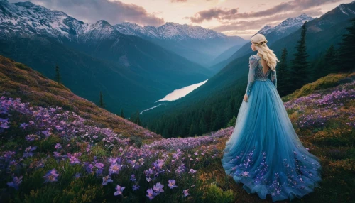 fantasy picture,the valley of flowers,the spirit of the mountains,fairytale,a fairy tale,photomanipulation,enchanted,photo manipulation,fairy tale,fairytales,enchanting,beauty in nature,fantasy art,majestic nature,elsa,mystical portrait of a girl,photoshop manipulation,wonderland,splendor of flowers,landscape background,Photography,Artistic Photography,Artistic Photography 12