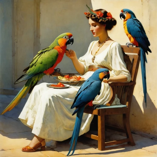 parrots,parrot couple,passerine parrots,rare parrots,songbirds,emile vernon,italian painter,bouguereau,courtship,tropical birds,rosella,feeding birds,macaws,parrot,bird couple,ornithology,vintage art,feeding the birds,exotic bird,bird feeding,Illustration,Paper based,Paper Based 23