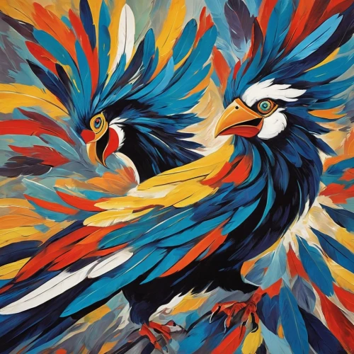 colorful birds,bird painting,guacamaya,parrot couple,couple macaw,tropical birds,parrots,phoenix rooster,bird couple,roosters,fire birds,parrot feathers,color feathers,passerine parrots,wild birds,ornamental bird,rosella,blue and gold macaw,bird pattern,macaws,Conceptual Art,Oil color,Oil Color 24