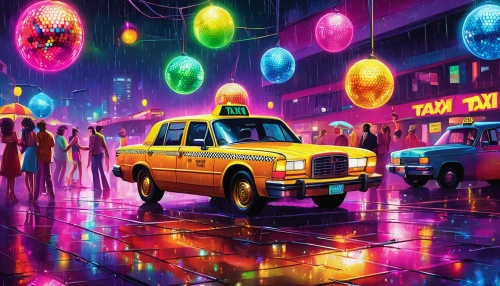 yellow taxi,colorful city,new york taxi,taxi cab,cab driver,80s,car hop,taxicabs,taxi,colored lights,cabs,fantasy city,neon candies,neon cocktails,cyberpunk,1980's,neon carnival brasil,disco,neon ghosts,1980s,Illustration,Realistic Fantasy,Realistic Fantasy 38