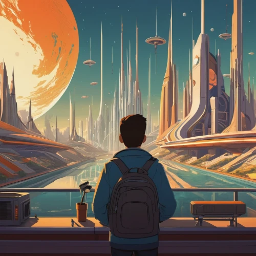 futuristic landscape,sci fiction illustration,travelers,cg artwork,traveler,lost in space,sci - fi,sci-fi,scifi,space port,gas planet,traveller,wanderer,sci fi,alien planet,exploration,space art,valerian,planet,cityscape,Illustration,Vector,Vector 05