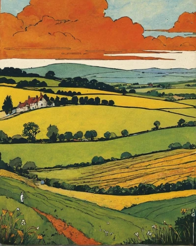 exmoor,sussex,dorset,farm landscape,yorkshire,south downs,rural landscape,hayfield,derbyshire,north yorkshire,devon,great chalfield,david bates,brook landscape,cambridgeshire,rye field,francis barlow,essex,fields,suffolk,Illustration,Vector,Vector 04