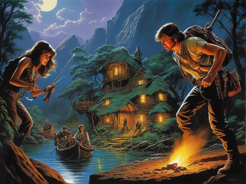 forest workers,fantasy picture,game illustration,devilwood,night scene,heroic fantasy,sci fiction illustration,guards of the canyon,stone age,monkey island,the night of kupala,fantasy art,neo-stone age,campfires,hunting scene,hobbit,adventure game,nomads,dwarves,blacksmith,Illustration,American Style,American Style 07