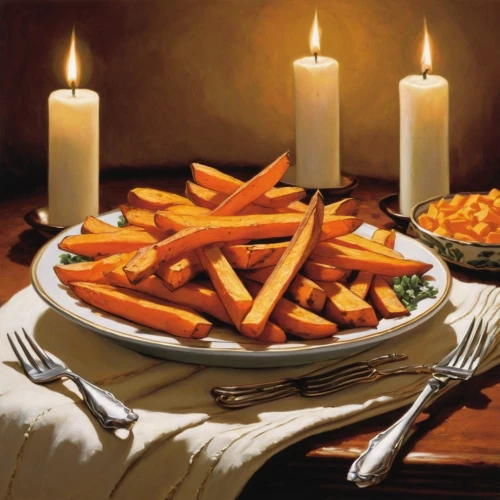 sweet potato fries,belgian fries,candle light dinner,bread fries,romantic dinner,potato wedges,jewish cuisine,shabbat candles,potato fries,friench fries,french fries,fries,patatas bravas,pommes dauphine,fried potatoes,with french fries,crudités,carrot salad,christ feast,kosher food,Illustration,Retro,Retro 18