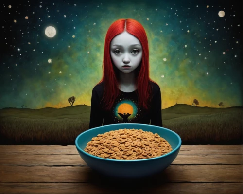 girl with cereal bowl,cat food,cereal grain,cereals,cereal,field of cereals,goji,surrealism,sci fiction illustration,in the bowl,photomanipulation,food grain,dinkel wheat,amaranth grain,dark mood food,capsule-diet pill,hunger,nuts & seeds,oat bran,pet food,Illustration,Abstract Fantasy,Abstract Fantasy 19