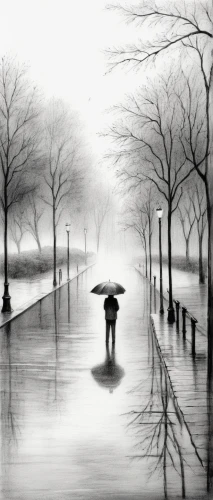 man with umbrella,walking in the rain,flooded pathway,heavy rain,rain,world digital painting,loneliness,rainstorm,rainy day,silver rain,rains,in the rain,walk on water,rainy season,raining,light rain,flooded,rainy,puddle,floods,Illustration,Black and White,Black and White 35