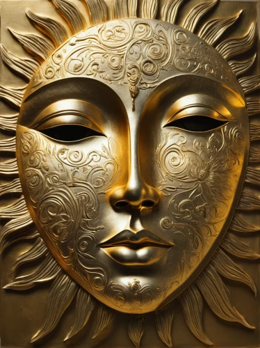 golden mask,gold mask,sun god,golden sun,3-fold sun,venetian mask,sun head,sun eye,gold foil art,sun,gold filigree,golden wreath,golden crown,sun moon,sunstar,sol,the sun,sun flower,gold leaf,light mask,Photography,Black and white photography,Black and White Photography 07