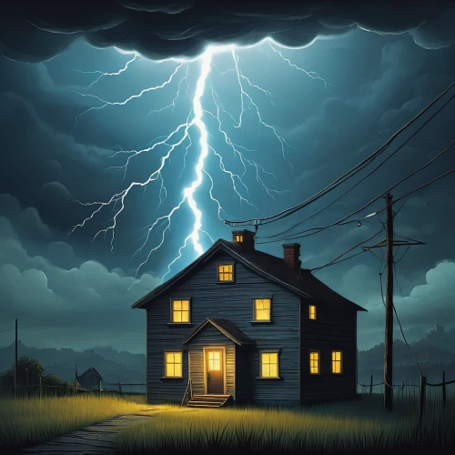 house insurance,thunderstorm,thunderstorm mood,lonely house,lightning storm,witch house,lightning strike,lightning bolt,lightning,lightening,witch's house,house painting,sci fiction illustration,haunted house,the haunted house,electricity,electrical grid,lightning damage,world digital painting,the threshold of the house,Illustration,Abstract Fantasy,Abstract Fantasy 02