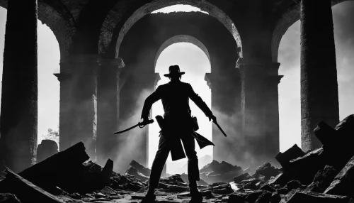 man silhouette,silhouette of man,underworld,film noir,verdun,stalingrad,hall of the fallen,ruin,gunfighter,scythe,the silhouette,don quixote,silhouette,indiana jones,silhouette dancer,unknown soldier,sillouette,rubble,swordsmen,art silhouette,Illustration,Black and White,Black and White 33