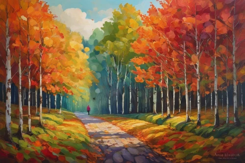 autumn landscape,fall landscape,autumn forest,autumn background,forest road,autumn trees,maple road,autumn walk,autumn theme,forest path,forest landscape,tree lined lane,birch alley,fall leaves,pathway,autumn leaves,tree lined path,oil painting on canvas,the autumn,the trees in the fall,Illustration,Abstract Fantasy,Abstract Fantasy 07