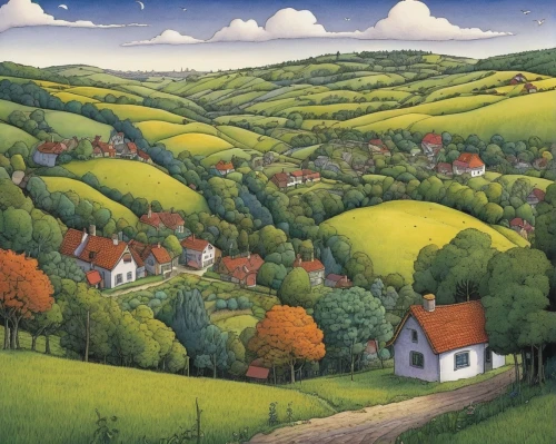 exmoor,escher village,cottages,aurora village,derbyshire,sussex,devon,autumn landscape,south downs,rural landscape,knight village,farm landscape,village scene,shaftesbury,villages,rolling hills,home landscape,england,carol colman,homberg,Illustration,Children,Children 03