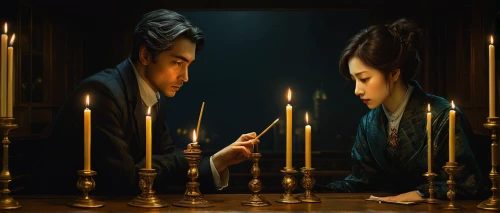 golden candlestick,candlelights,candlemaker,mirror of souls,candlelight,gothic portrait,smouldering torches,romantic portrait,candle light,burning candle,romantic scene,mirror image,meticulous painting,burning candles,mirror reflection,tea-lights,korean drama,digital compositing,candle flame,two people,Illustration,Realistic Fantasy,Realistic Fantasy 08