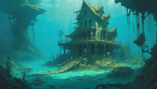 sunken church,underwater playground,underwater landscape,house of the sea,underwater oasis,water castle,submerged,underwater background,sunken ship,ocean underwater,abandoned place,ghost castle,witch's house,undersea,underwater,underwater world,ocean floor,fantasy landscape,aquarium,house by the water,Illustration,Paper based,Paper Based 17