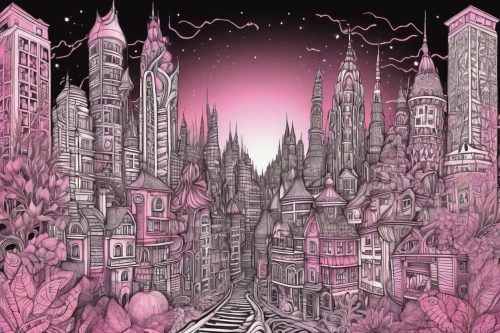 pink city,fantasy city,city cities,temples,overtone empire,metropolis,city in flames,post-apocalyptic landscape,fantasy world,destroyed city,fairy world,pink october,cd cover,pink dawn,backgrounds,metropolises,capital cities,black city,sci fiction illustration,pink-purple,Illustration,Black and White,Black and White 11