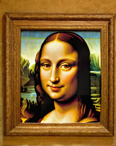 the mona lisa,mona lisa,vinci,leonardo da vinci,art deco frame,botticelli,gold stucco frame,italian painter,copper frame,lacerta,gold frame,art nouveau frame,medicine icon,square frame,leonardo,golden frame,photo painting,vintage art,decorative frame,art painting,Illustration,American Style,American Style 12