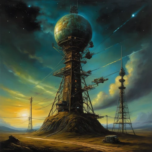 cellular tower,heliosphere,pioneer 10,earth station,futuristic landscape,transmitter,tower of babel,transmitter station,electric tower,cell tower,saturn relay,telecommunications,observatory,antenna tower,panopticon,planet eart,planetarium,space probe,science fiction,telecommunication,Illustration,Realistic Fantasy,Realistic Fantasy 34