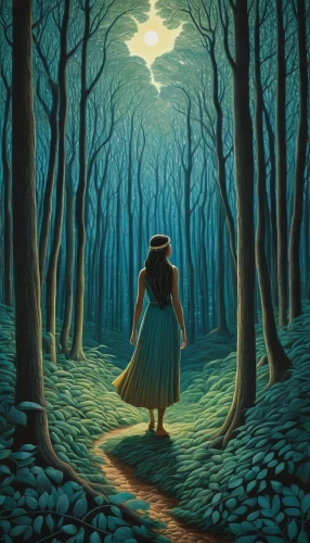 ballerina in the woods,girl with tree,forest of dreams,enchanted forest,forest path,sleepwalker,the mystical path,girl walking away,woman walking,forest walk,hollow way,mystical portrait of a girl,the woods,forest background,the girl in nightie,the path,forest road,children's fairy tale,the enchantress,oil painting on canvas,Illustration,Realistic Fantasy,Realistic Fantasy 11