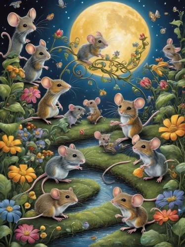 white footed mice,whimsical animals,meadow jumping mouse,rabbits and hares,fairy world,many teat mice,children's fairy tale,mice,children's background,dream world,vintage mice,dormouse,woodland animals,fairies aloft,field mouse,motif,flock of birds,dreamland,wood mouse,animal migration,Conceptual Art,Daily,Daily 28