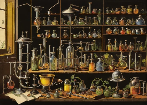 apothecary,laboratory flask,glassware,erlenmeyer flask,chemist,potions,chemical laboratory,distillation,laboratory,alchemy,scientific instrument,glasswares,perfume bottles,candlemaker,reagents,china cabinet,glass items,oil lamp,laboratory equipment,vases,Art,Classical Oil Painting,Classical Oil Painting 11