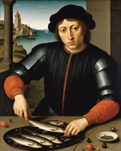 carpaccio,version john the fisherman,fish-surgeon,meticulous painting,fishmonger,holbein,art dealer,bellini,man with a computer,thames trader,christopher columbus's ashes,tudor,recreational fishing,kunsthistorisches museum,casting (fishing),christopher columbus,big-game fishing,italian painter,andrea del verrocchio,fish supply,Art,Classical Oil Painting,Classical Oil Painting 22