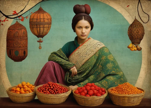 indian woman,orientalism,indian art,greengrocer,oriental girl,vietnamese woman,indian jujube,oriental princess,east indian,asian woman,oriental,javanese,oriental painting,vintage asian,indian girl,by chaitanya k,indian spices,india,basket of fruit,sari,Illustration,Realistic Fantasy,Realistic Fantasy 35