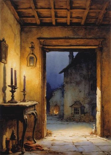 the threshold of the house,oberlo,night scene,evening atmosphere,home landscape,italian painter,the annunciation,asher durand,fireplace,hearth,the kitchen,fireplaces,ancient house,old home,sitting room,hamelin,dining room,atmospheric,carl svante hallbeck,consulting room,Illustration,Paper based,Paper Based 23