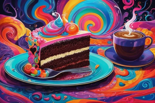 coffee and cake,rainbow cake,a cake,cake,slice of cake,layer cake,cake shop,piece of cake,colored icing,birthday cake,neon cakes,colorful foil background,little cake,buttercream,chocolate layer cake,cake stand,chocolate cake,birthday banner background,red cake,colored pencil background,Illustration,Realistic Fantasy,Realistic Fantasy 39