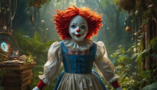 horror clown,scary clown,creepy clown,it,clown,alice in wonderland,raggedy ann,pierrot,queen of hearts,fantasy portrait,wonderland,alice,ronald,jester,cirque,rodeo clown,fable,marionette,redhead doll,fairy tale character,Conceptual Art,Fantasy,Fantasy 05