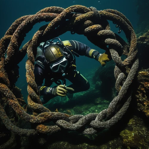 anchor chain,mooring rope,diving equipment,diving helmet,steel rope,deep sea diving,scuba,underwater diving,dry suit,boat rope,scuba diving,aquanaut,steel ropes,sea trenches,iron rope,diving mask,bottom of the sea,rope excavator,the bottom of the sea,diving bell,Illustration,Paper based,Paper Based 14