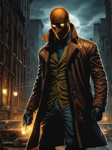 red hood,cowl vulture,hooded man,masked man,with the mask,yellow jacket,iron mask hero,detective,trench coat,overcoat,star-lord peter jason quill,daredevil,male mask killer,the suit,dark suit,without the mask,superhero comic,marvel comics,nite owl,comic hero,Illustration,American Style,American Style 02